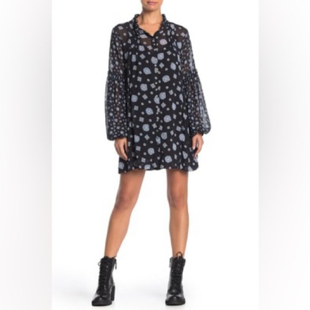 Free People Boho Turn Turn Sheer Mini Dress Size M Printed Festival Peasant - Picture 3 of 15